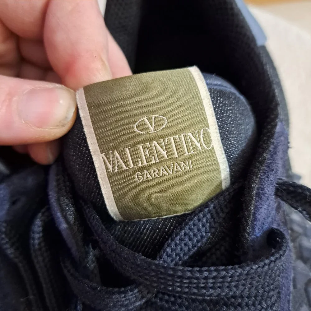 VALENTINO GARAVANI Rockstud Leather, Suede And Denim Sneakers In Navy - Picture 5 of 6